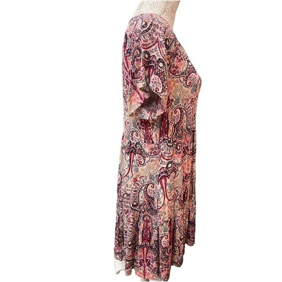 NWOT KNOX ROSE Flutter Short Sleeve Tiered Dress Crinkle Scroll Print Medium - Picture 5 of 10